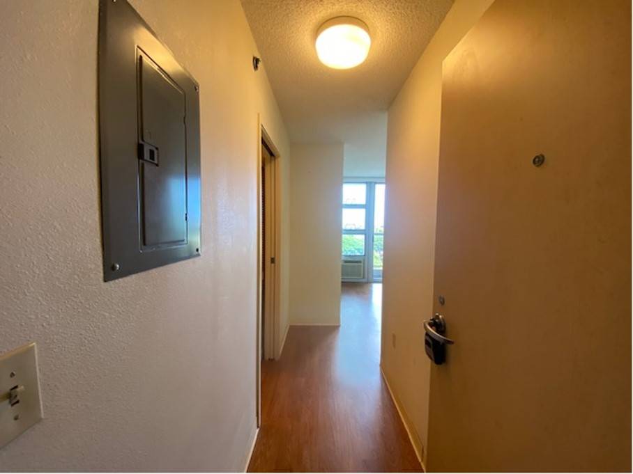 A hallway with a light on the ceiling and a door on the right.